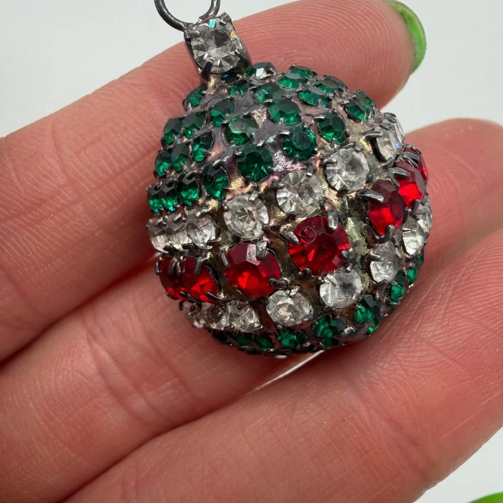 Vintage Bauer Christmas Ornament Brooch Pendant Red Green Rhinestone Pin Silver